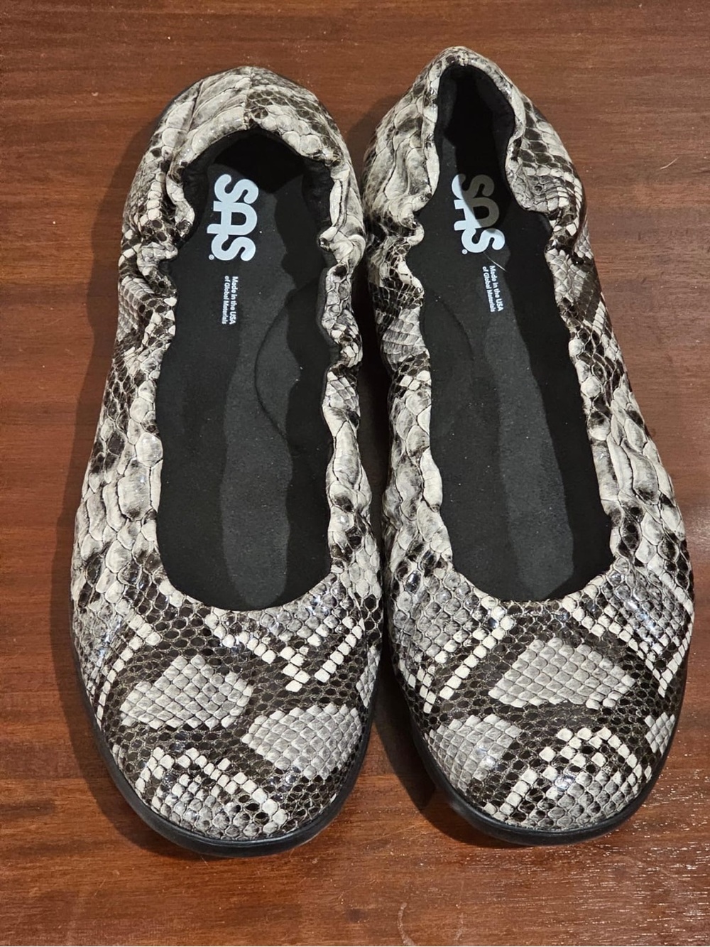 SAS Women's Snake-Print Ballet Flats in Black and Cream